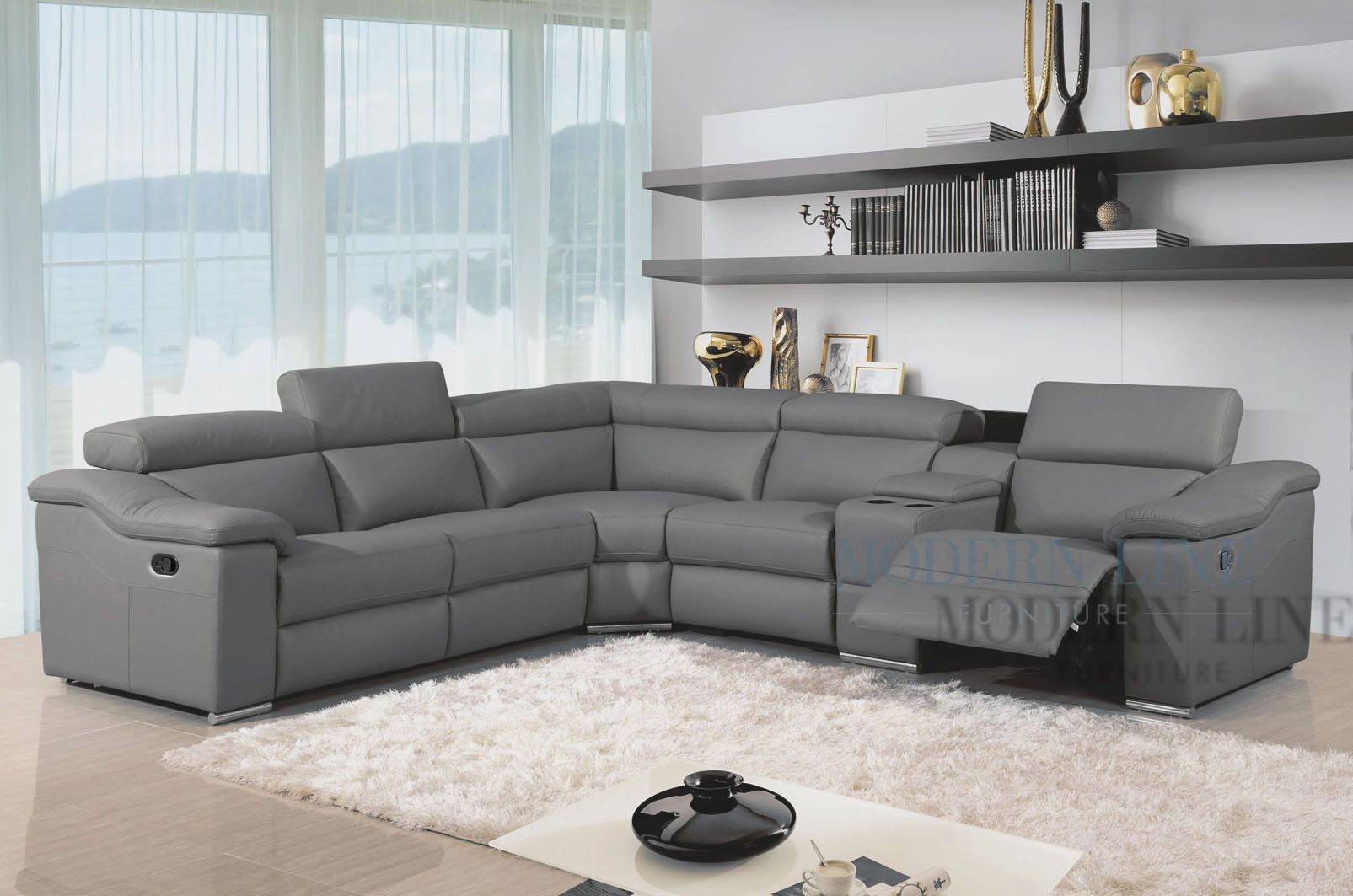 Modern Leather Reclining Sectional Grey leather modern sectional