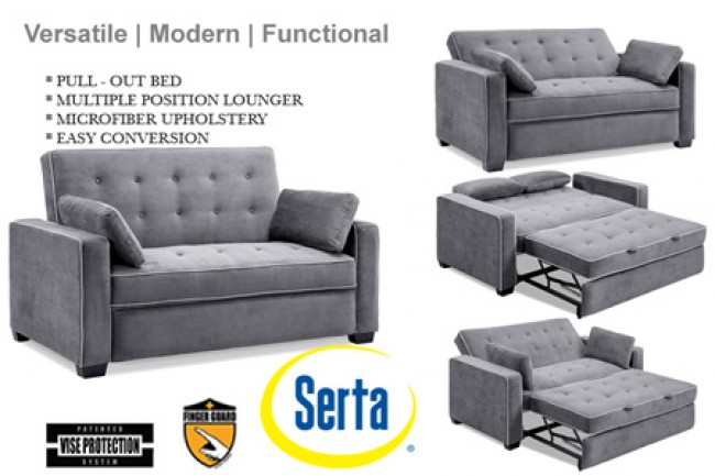 Queen Size Modern Sofa Bed. Grey-Augustine-Serta-Dream-Rise-Sleeper -Lounger-&-