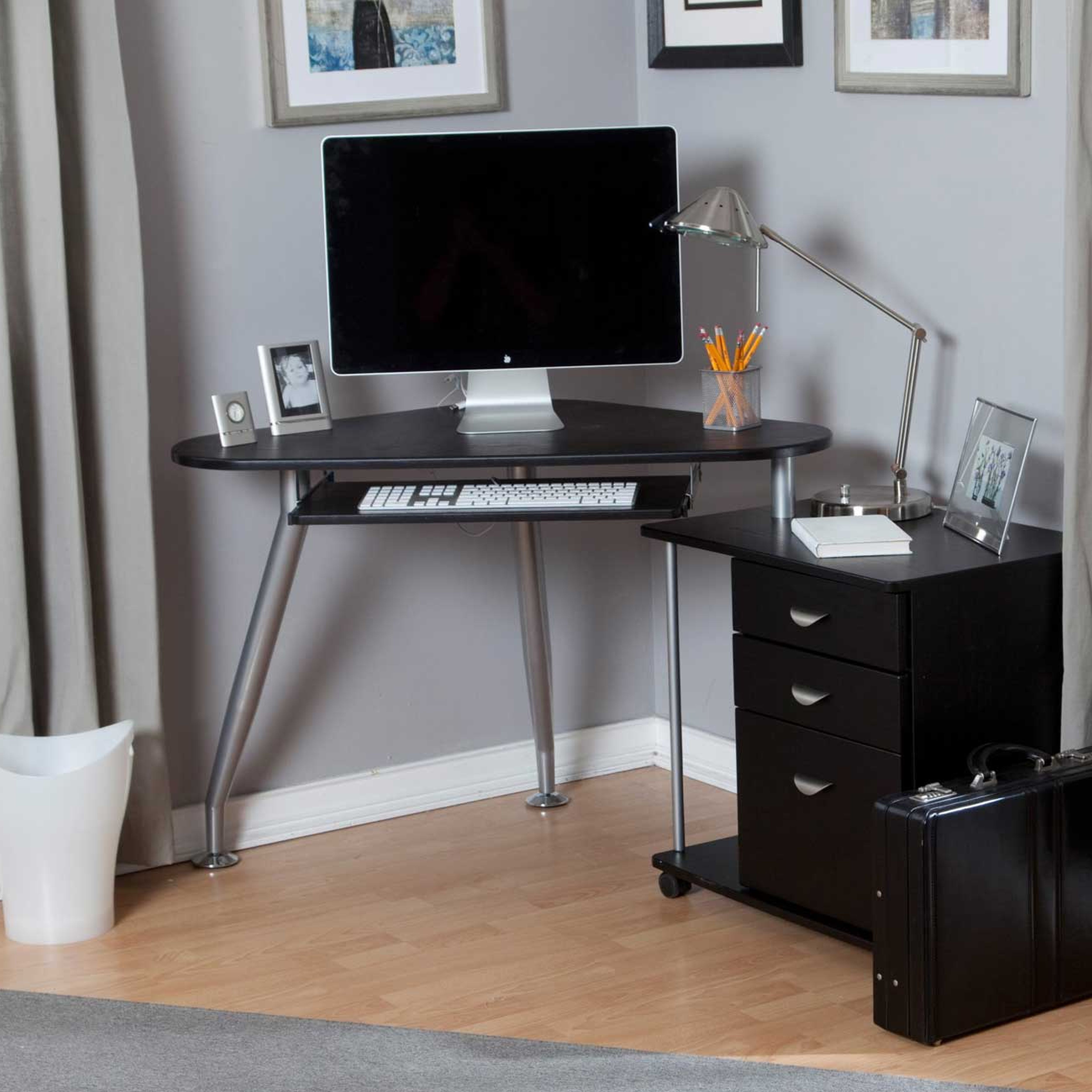 Corner Computer Desk With Triangular Shaped Also 3 Curve Grey Steel Legs  And Drawer For Keyboard