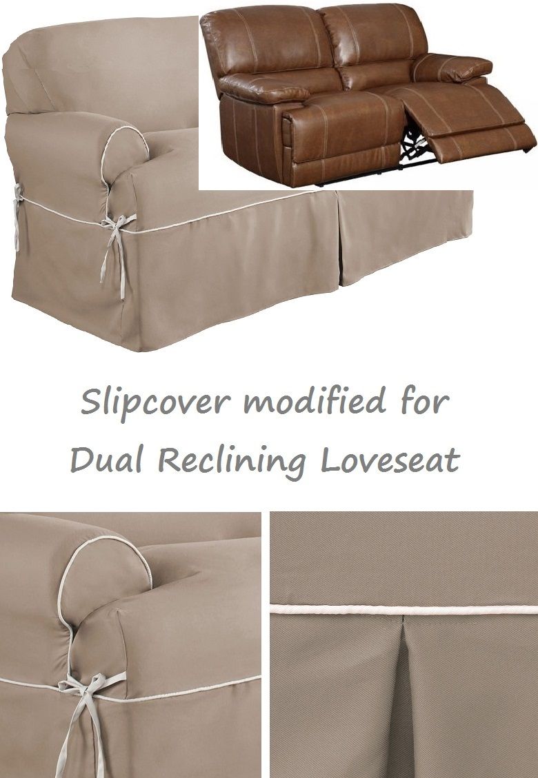 Dual Reclining LOVESEAT Slipcover T Cushion Twill Contrast Taupe Adapted  for Recliner Love Seat