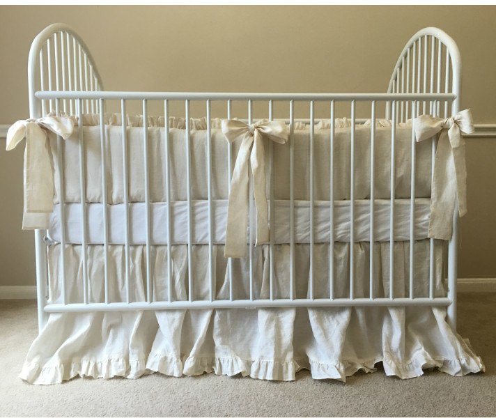 Cream Linen Baby Bedding Set - Ruffled Bumper, Sash Ties, Ruffled Crib Skirt