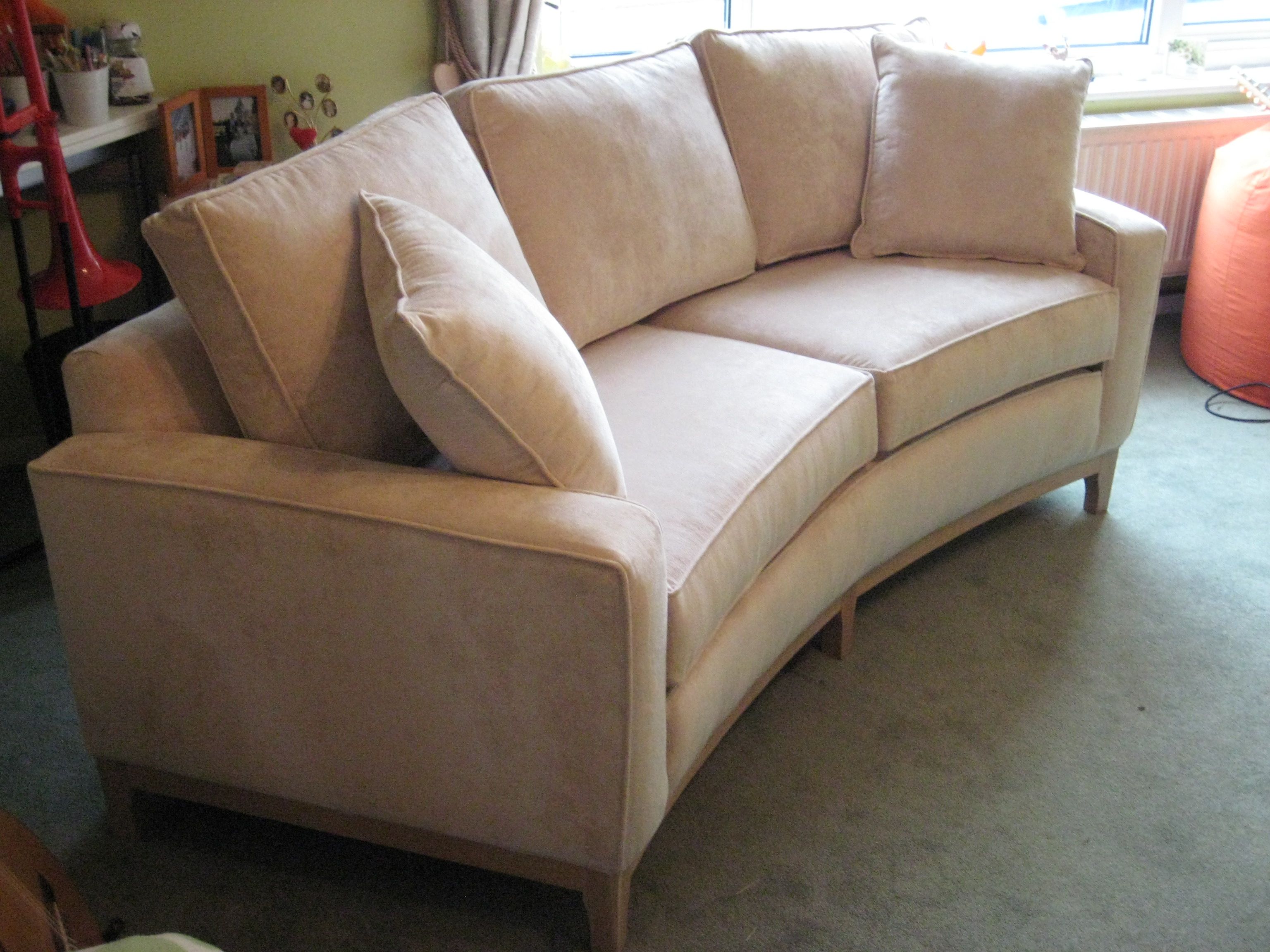 Small curved sofa for a small upstairs living room - what a wonderfully  different use of the space. A it is bespoke it can actually be made to fit  exactly