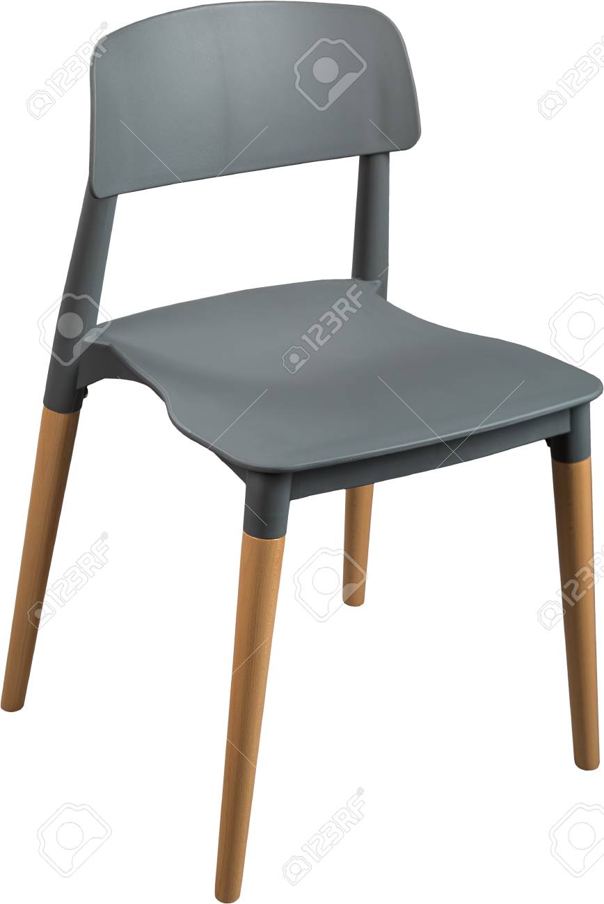 Gray color plastic chair, modern designer. Chair on wooden legs isolated on  white background