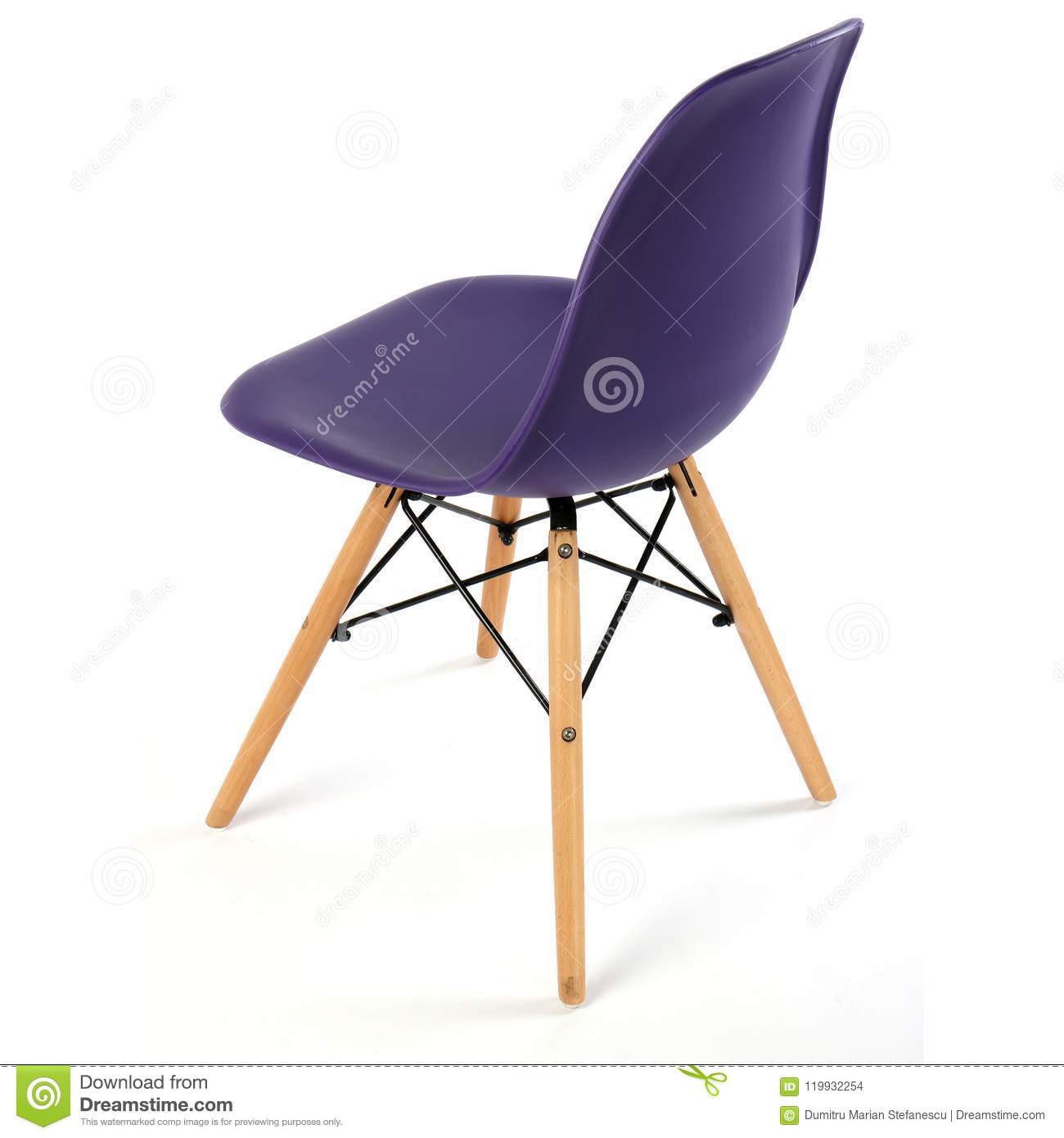 Dark violet color chair white wooden legs. Plastic chair cut out. Series of  furniture.