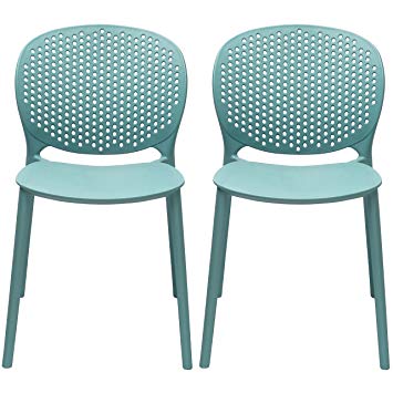 2xhome Set of 2 Blue Contemporary Modern Stackable Assembled Plastic Chair  Molded with Back Armless Side