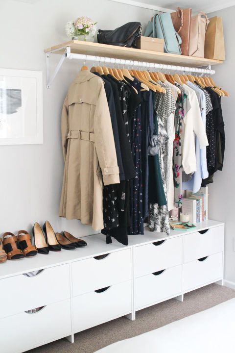 What do you get when you combine a dresser and a super savvy shelf? Click  through for storage ideas for a bedroom.