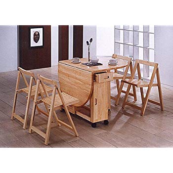 Butterfly Drop Leaf Dining Table and Folding Chairs. Solid Rubberwood.Oak  Lacquer.