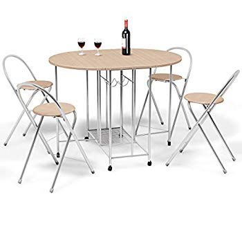 Giantex 5PC Foldable Dining Set with Shelf Storage and Wine Rack, 4 Chairs  and Table