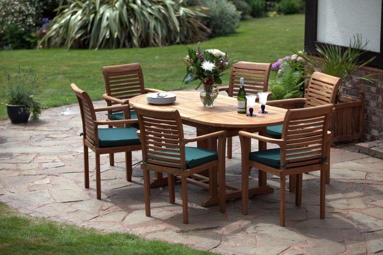 Paris 6 Seater Teak Garden Furniture Set. Stackable Chairs. Table Extends