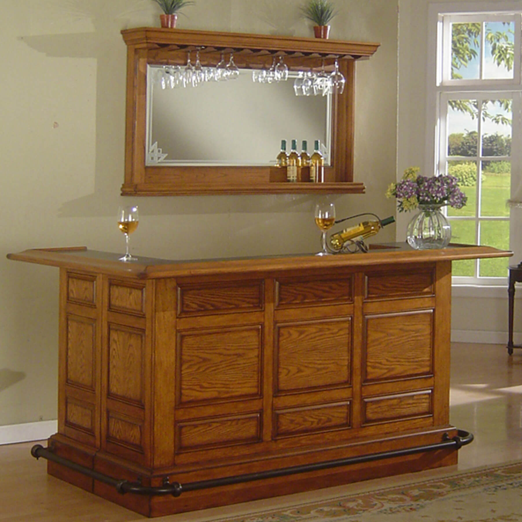 Solid wood home bar with wrap-around counter.