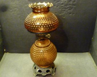 Amber Hobnail Gone with Wind Hurricane Lamp- Electric- Metal Base