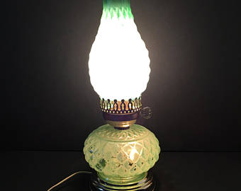 Hurricane Lamp ~ Green ~ Quilted ~ Light Top and Bottom ~ Vintage