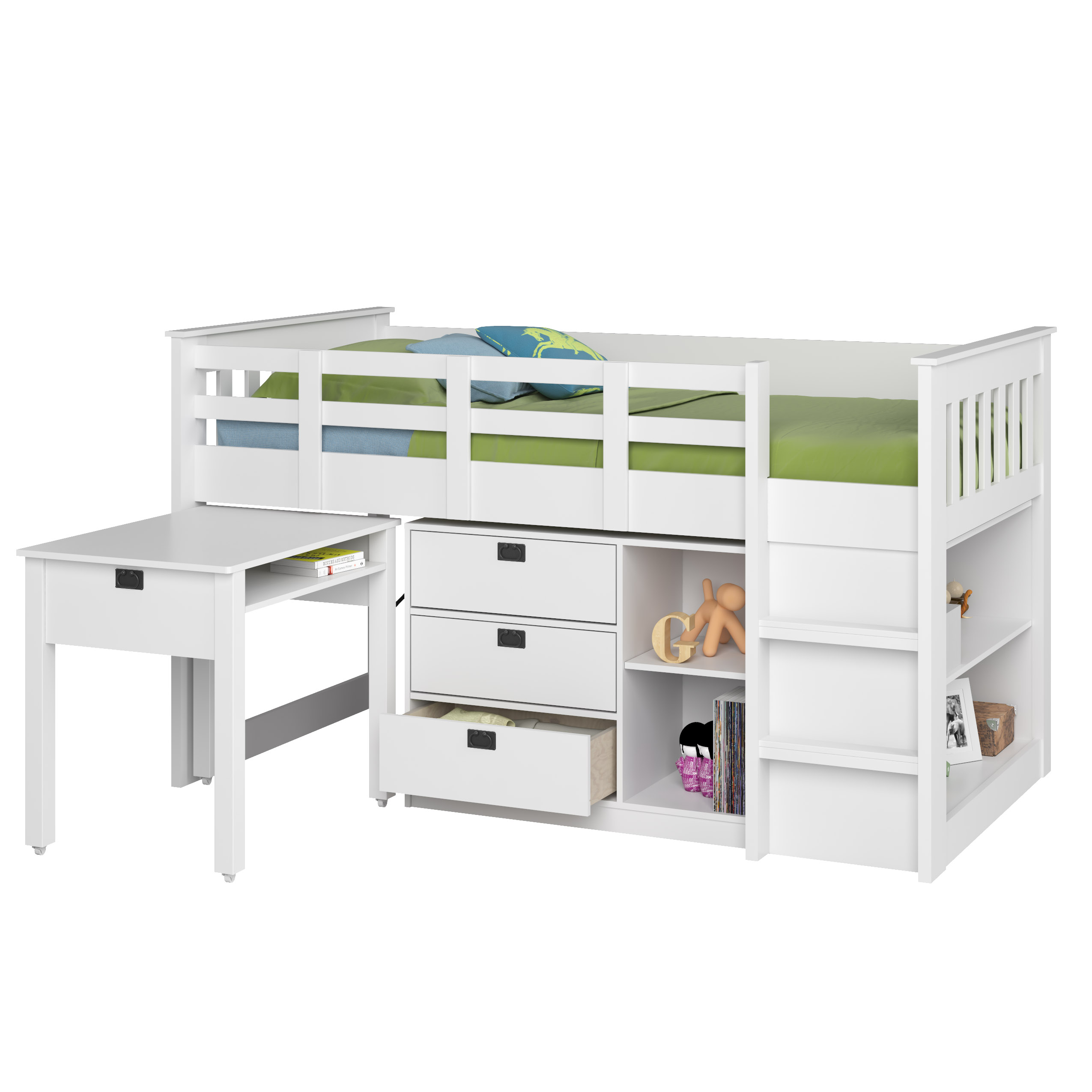 CorLiving Madison Single/Twin Loft Bed with Desk and Storage - White