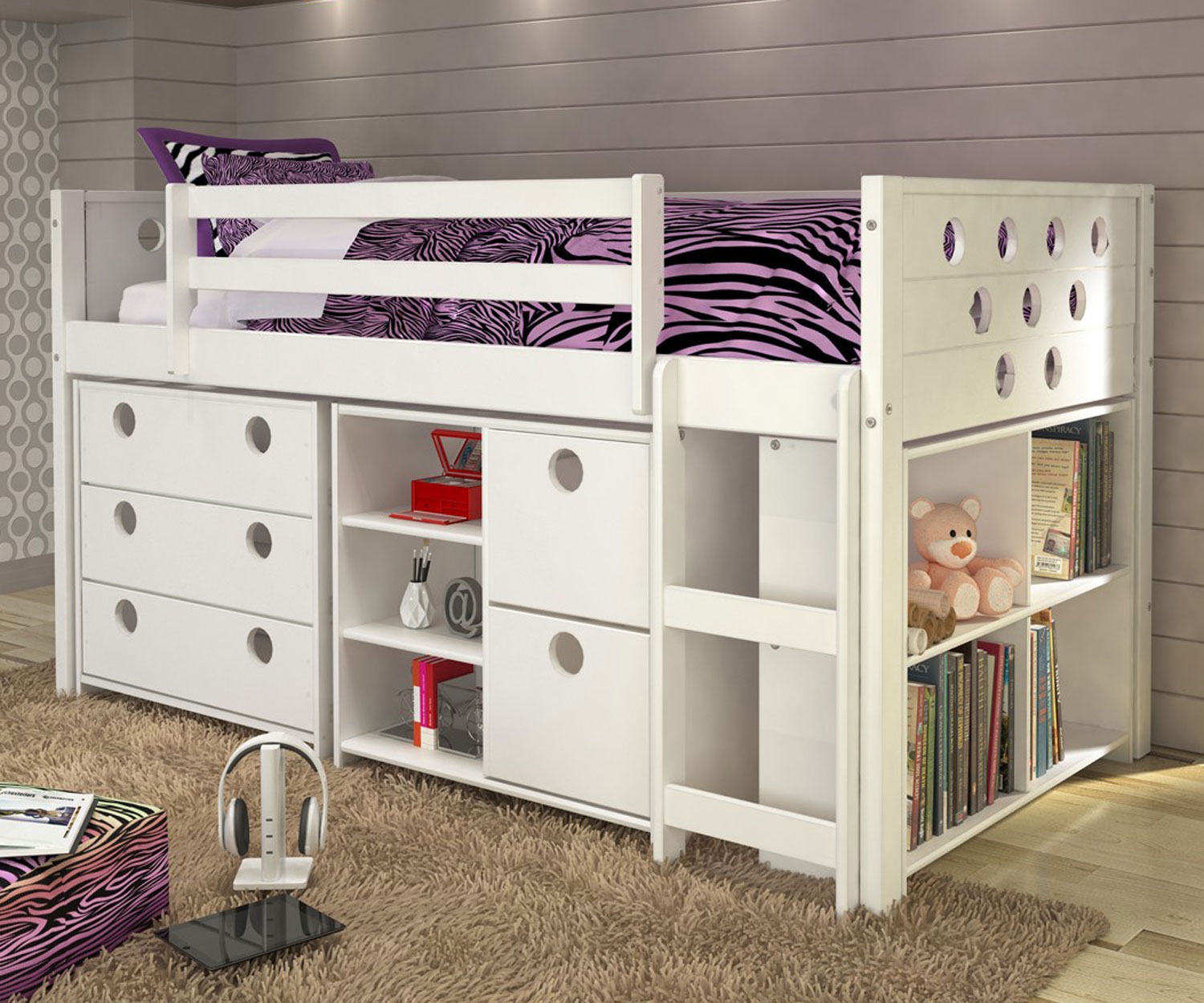 Donco Trading Kids Furniture Circles Low Loft Bed Twin Size in White Finish  780ATWX