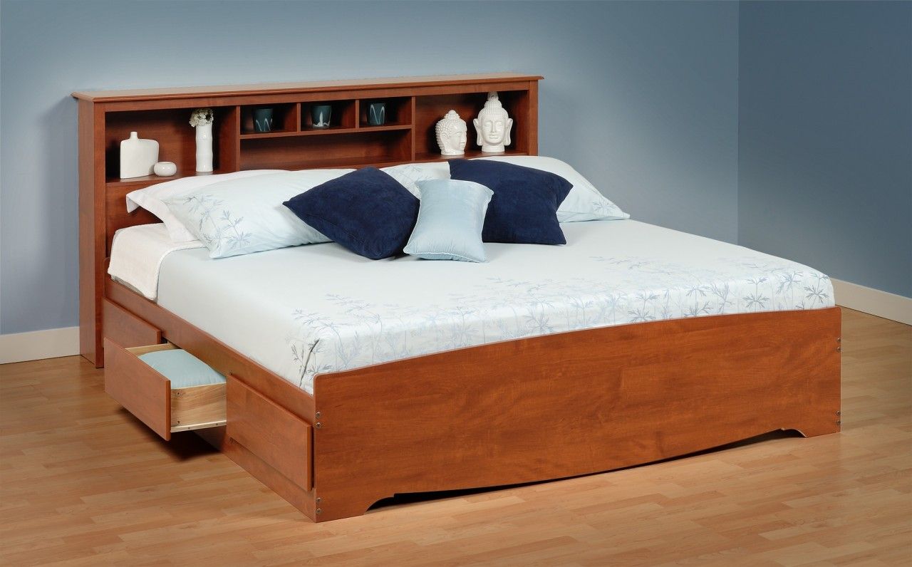 platform beds with storage drawers | Cherry King Size Platform Storage Bed  With Six Drawers and Headboard