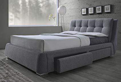 NEW MODERN TUFTED GRAY FABRIC STANDARD KING SIZE PLATFORM BED w/4 STORAGE  DRAWERS