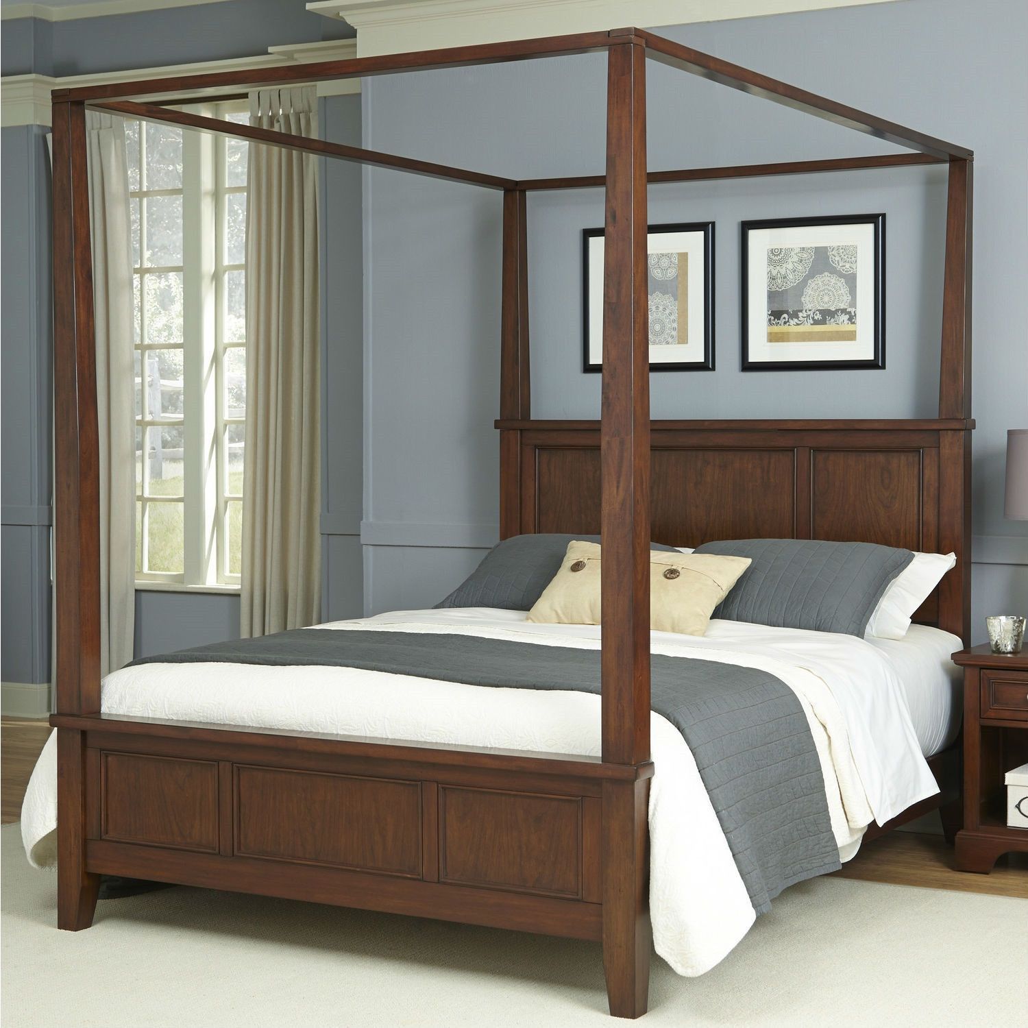 King size Modern Classic Canopy Bed in Cherry Wood Finish