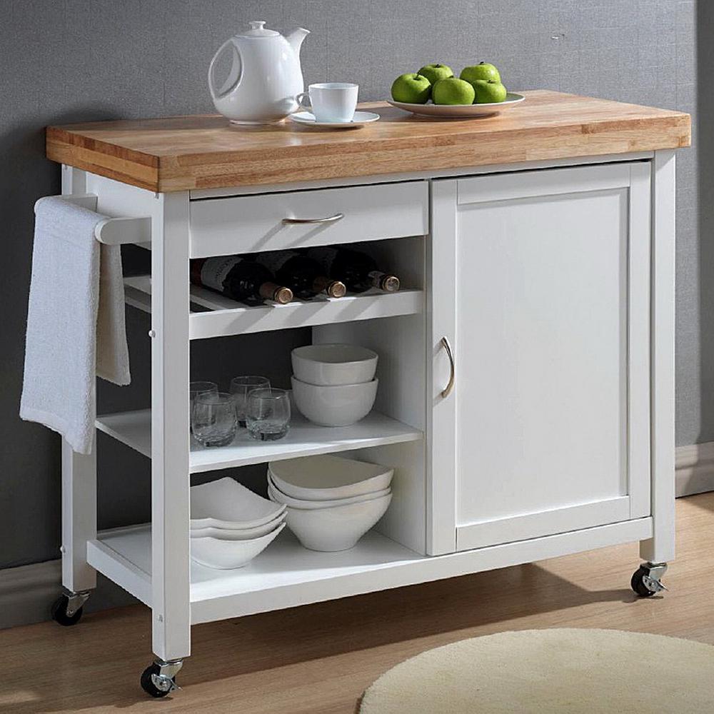 Denver White Kitchen Cart with Butcher Block Top