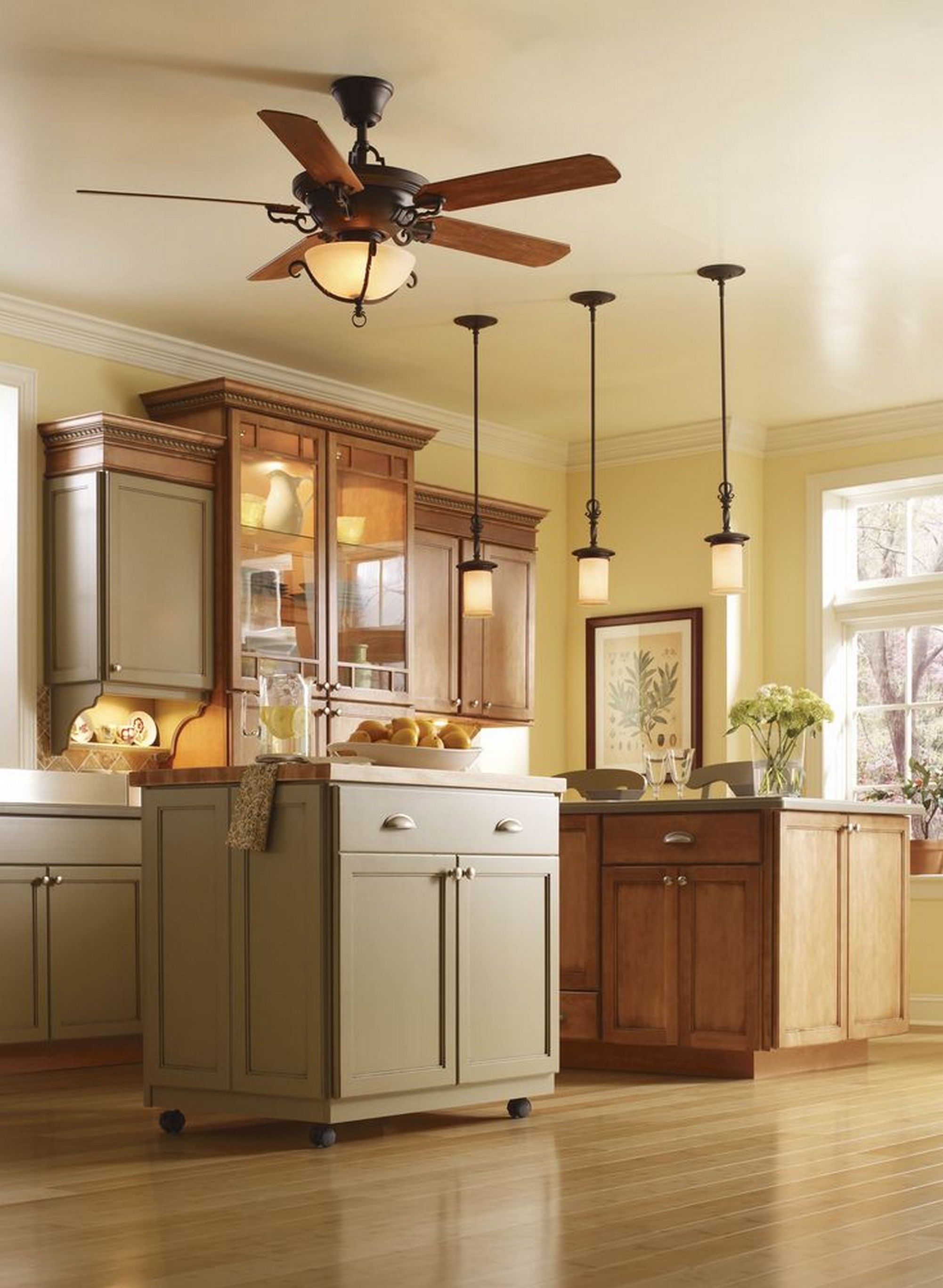 Small Island Under Awesome Kitchen Ceiling Lights With Wooden Ceiling Fan  On Cream Ceiling