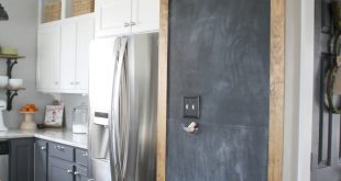 Stained frame around chalkboard wall