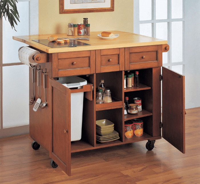 Wooden Kitchen island with trash bins on wheels