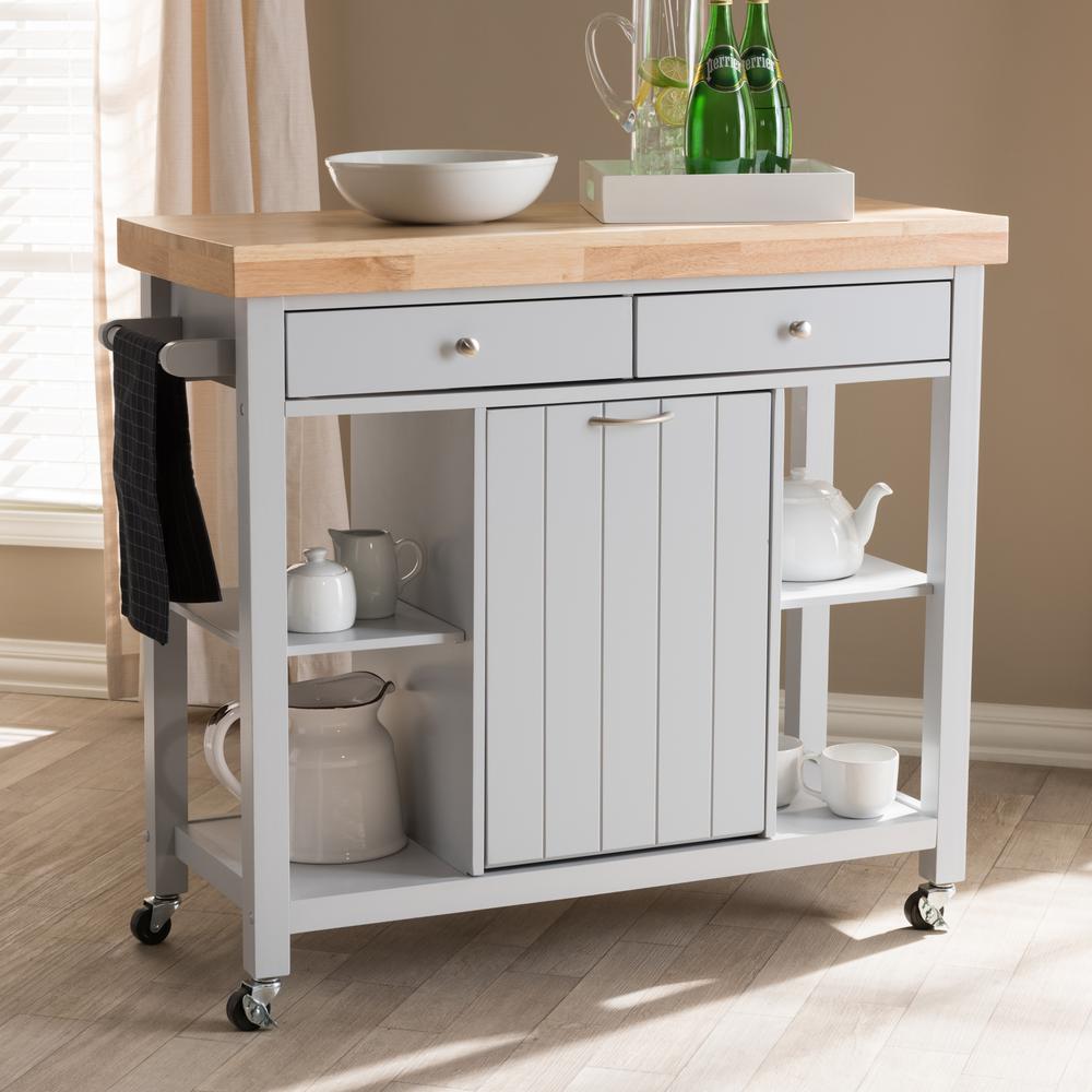 Baxton Studio Hayward Gray Kitchen Cart with Pull Out Garbage Bin