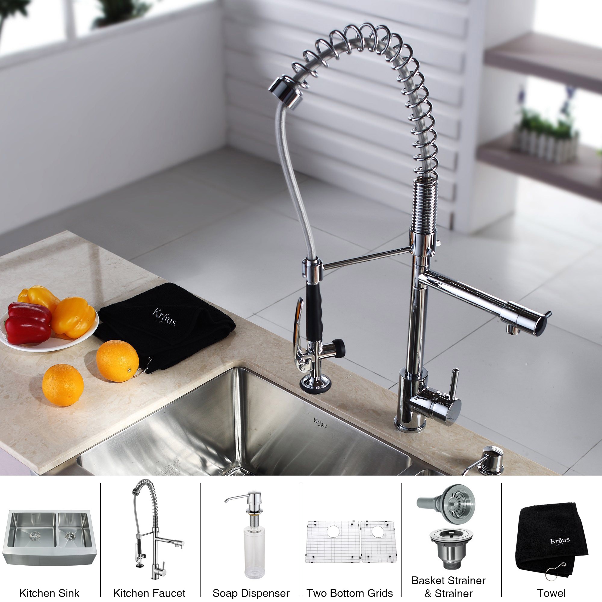 KRAUS 33 Inch Farmhouse Double Bowl Stainless Steel Kitchen Sink with Kitchen  Faucet and Soap Dispenser