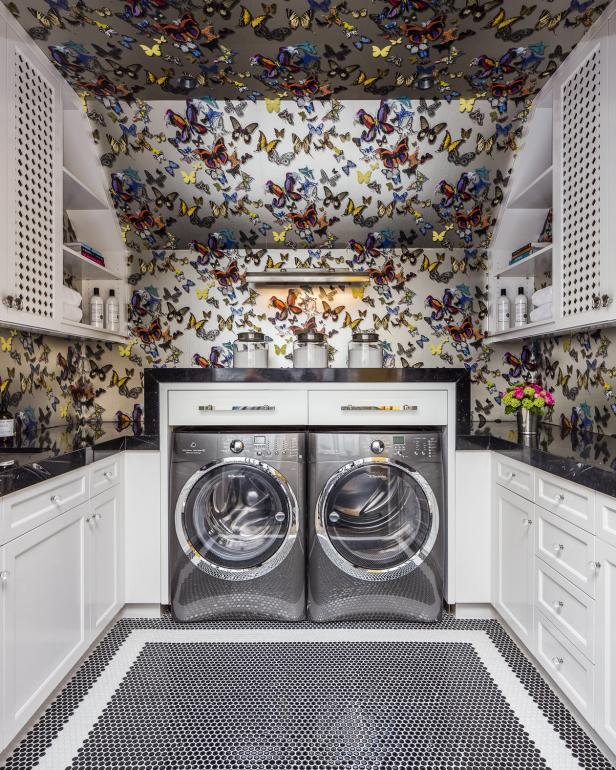 Butterfly Print Wallpaper Brings Laundry Room to Life