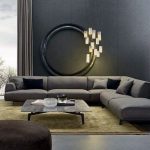 gray corner sofa modern living room interior design gray wall color gold  shade carpet