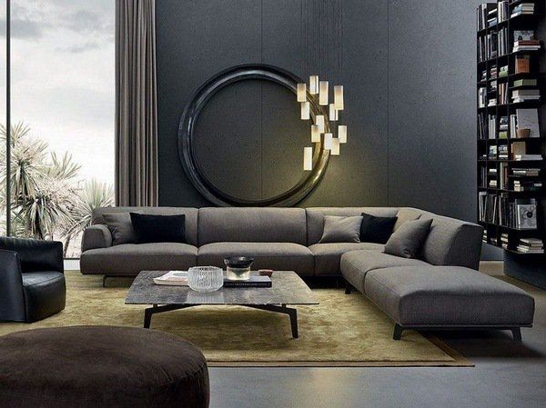 gray corner sofa modern living room interior design gray wall color gold  shade carpet