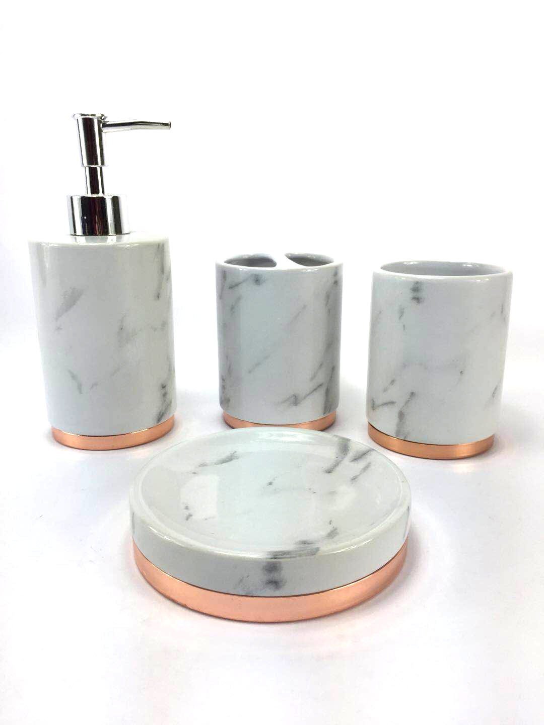 WPM 4 Piece Bathroom Accessory Set. Marble look with rose gold trim