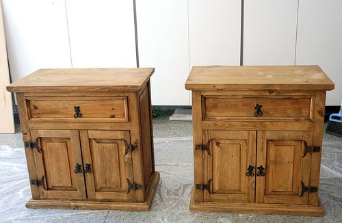 Refinish mexican pine. Nightstands before they were painted. I am  definately going to do this to our queen set when we move. Im thinking  antique white.