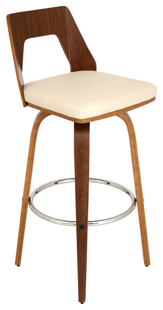 Trilogy Mid Century Modern Swivel Barstool in Walnut Wood With Cream PU  Fabric