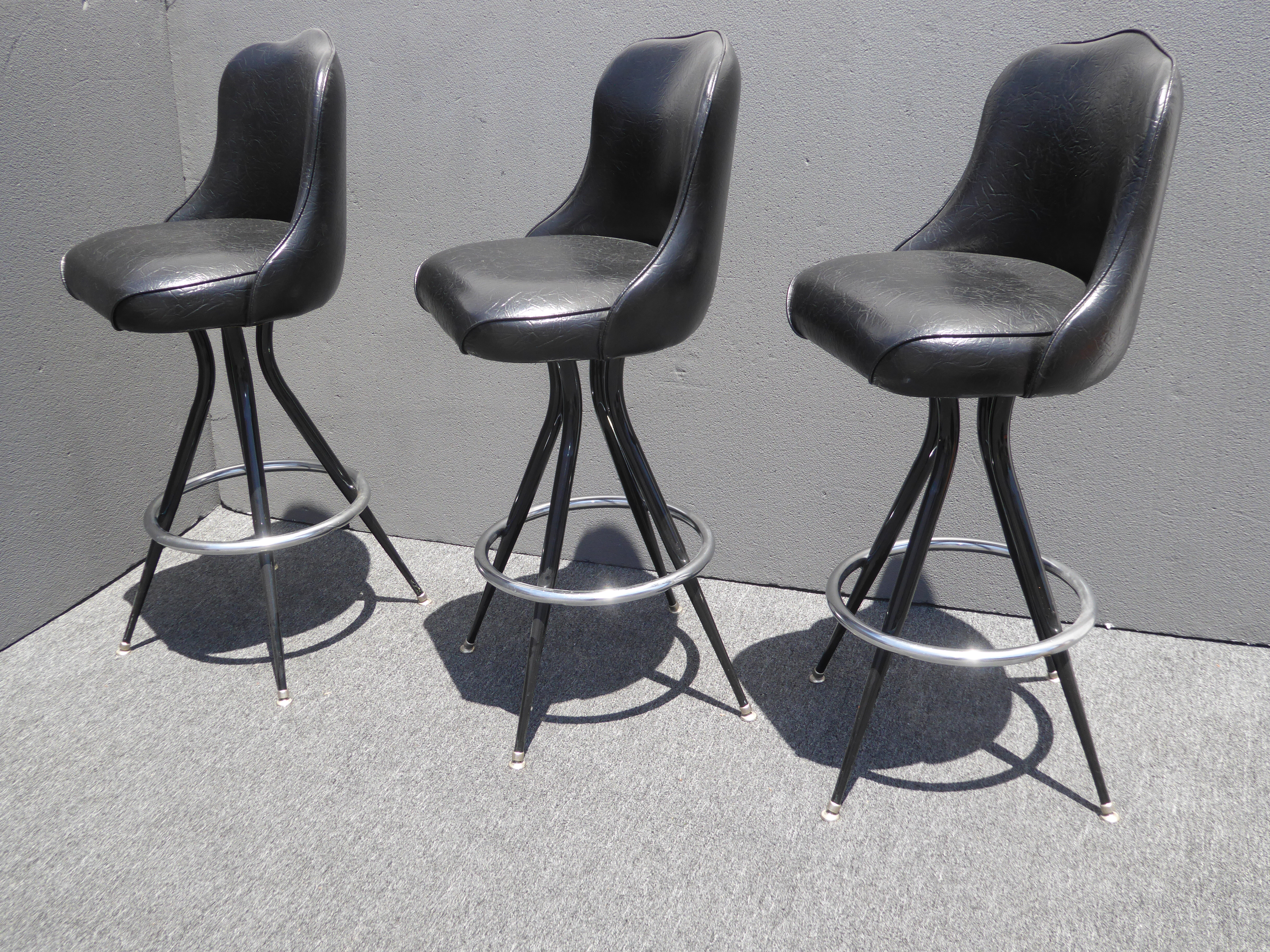 Mid-Century Modern Vintage Mid-Century Modern Black Vinyl & Chrome Swivel  Bar Stools