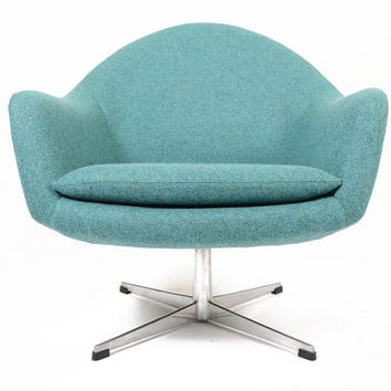 Danish Mid Century Modern Teal Swivel Overman Style Lounge Chair