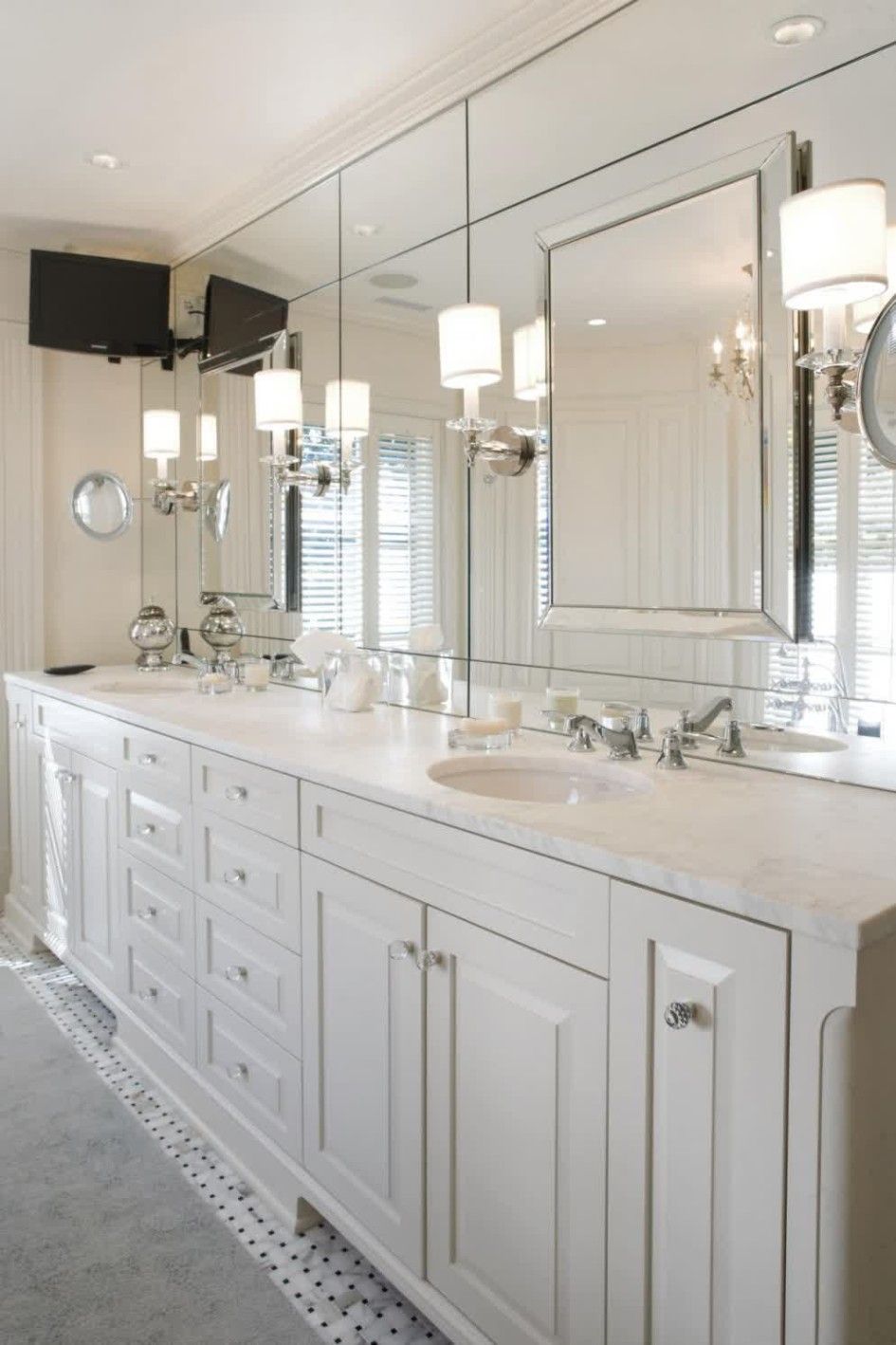 Bathroom Ideas, Modern Bathroom Wall Sconces With Large Frameless Mirror  Above Double Sink Bathroom Vanity Under Recessed Lights: Selecting Sweet  Bathroom