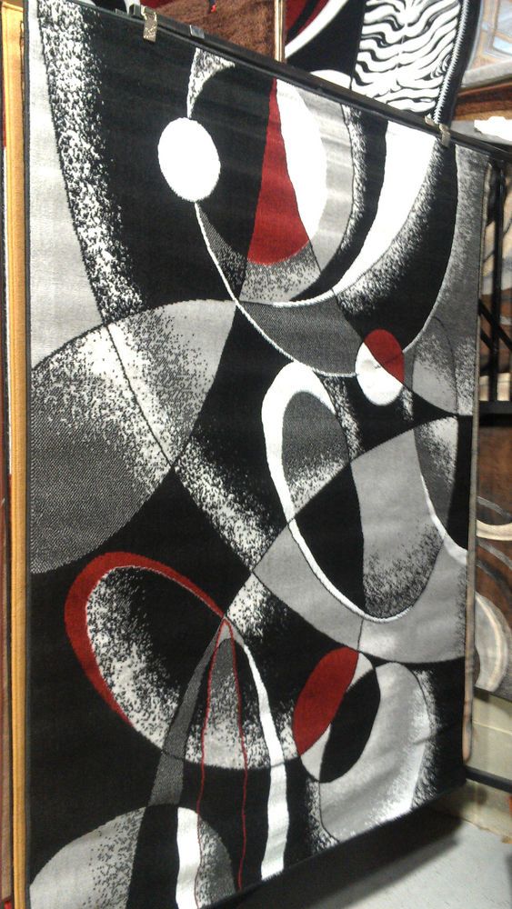 Abstract Contemporary 5x8 Red Black White Gray Area Rug Modern Carpet # Contemporary