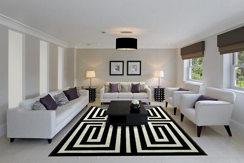 View in gallery Captivating rug ensures that this cool living room has a  striking centerpiece