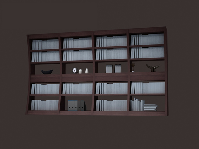 Highly detailed modern bookcase free 3d-model available in 3dsmax and vray,  no textures included, arched wooden book display rack, books and ornaments.