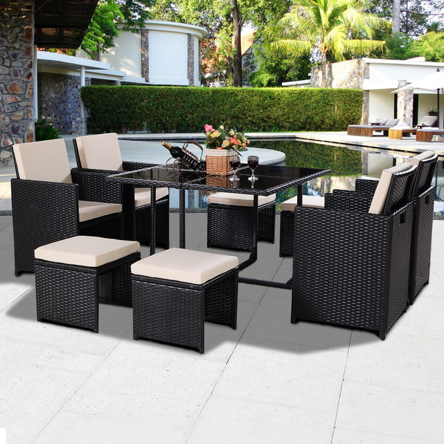 Giantex 9 PCS Black Patio Garden Rattan Wicker Sofa Set Modern Outdoor  Furniture Set Cushioned with