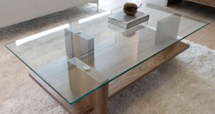 A great example of a modern glass/wood coffee table. The design is  streamlined, allowing the quality of the materials used to shine through.