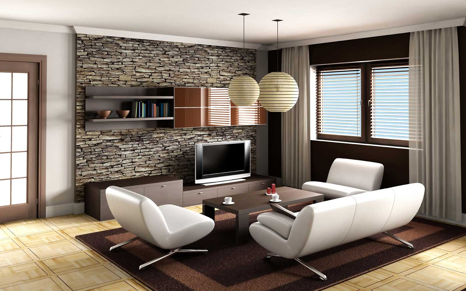 Amazing Living Room Decor Ideas With Modern Design Using White Sofa And  Stone Wall Decoration Completed