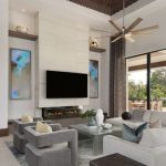 Example of a large minimalist open concept porcelain floor and beige floor living  room design in