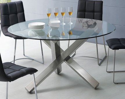 Round Glass Dining Table with Unique Metal Base