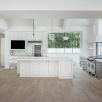 White Modern Kitchen with Gray Wash Wood Floors - Modern - Kitchen