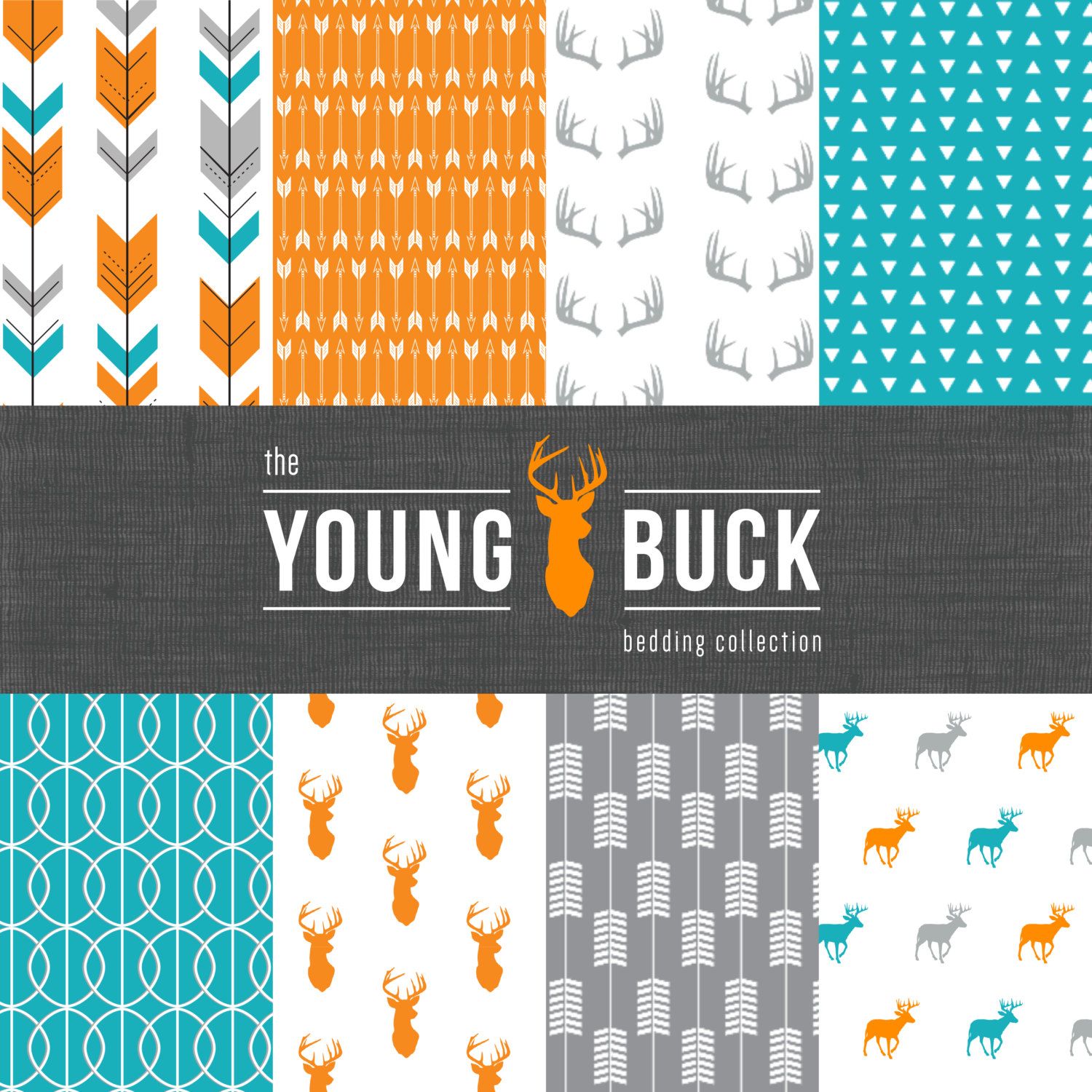The Young Buck Crib Bedding Set - Modern Woodland Custom Crib Bedding -  Blue/Orange/Grey - Choose your fabric - CozybyJess Exclusive by CozybyJess  on Etsy