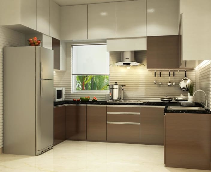 U shaped kitchen with modern cabinets and false ceiling