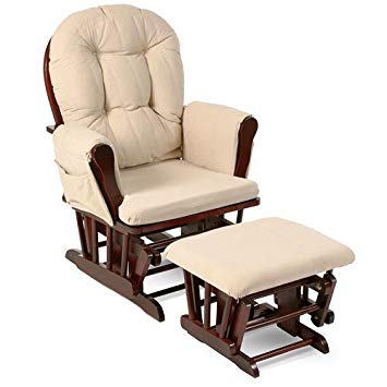 Beige Bowback Nursery Baby Glider Rocker Chair with Ottoman, Beige Cushions  - Cherry Finish -