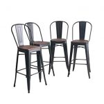 YongQiang Metal Barstools Set of 4 Indoor/Outdoor Bar Stools High Back  Dining Chair Counter Stool Cafe Side Chairs with Wooden Seat 30L Matte Black