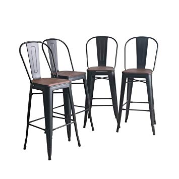 YongQiang Metal Barstools Set of 4 Indoor/Outdoor Bar Stools High Back  Dining Chair Counter Stool Cafe Side Chairs with Wooden Seat 30L Matte Black